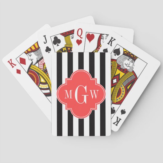 Zwart wit Coral Red Quatrefoil 3 Monogram Pokerkaarten (Achterkant)