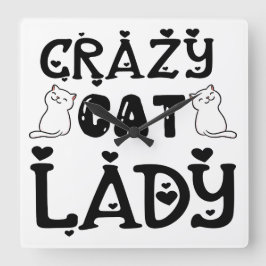 ZWART-WIT CRAZY CAT LADY GEZEGDE VIERKANTE KLOK