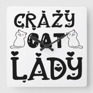 ZWART-WIT CRAZY CAT LADY GEZEGDE VIERKANTE KLOK