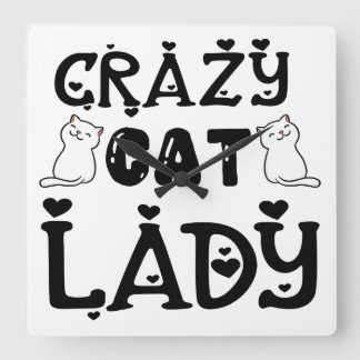 ZWART-WIT CRAZY CAT LADY GEZEGDE VIERKANTE KLOK