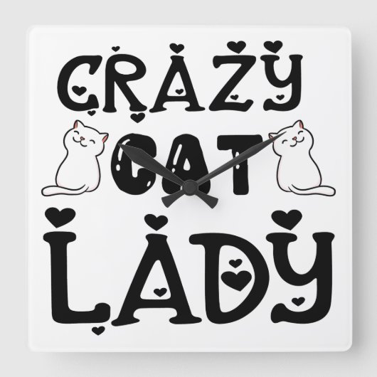 ZWART-WIT CRAZY CAT LADY GEZEGDE VIERKANTE KLOK (Voorkant)