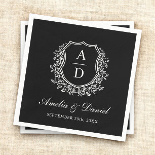 Zwart Wit Crest Elegant Monogram Huwelijk Servet
