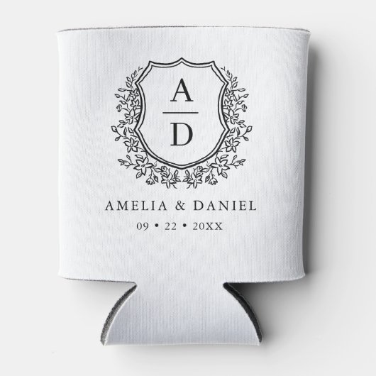 Zwart Wit Crest Modern Monogram Huwelijk Blikjeskoeler (Voorkant)