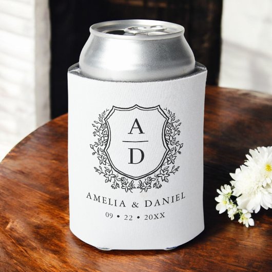 Zwart Wit Crest Modern Monogram Huwelijk Blikjeskoeler