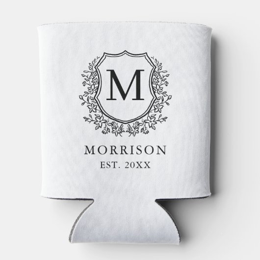 Zwart Wit Crest Modern Monogram Huwelijk Blikjeskoeler (Achterkant)