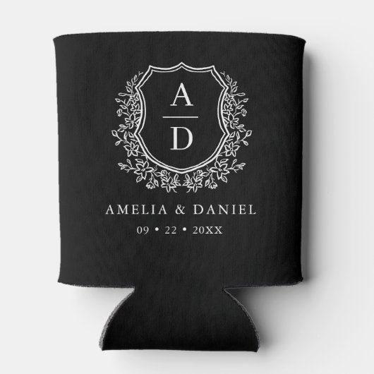 Zwart Wit Crest Modern Monogram Huwelijk Blikjeskoeler (Achterkant)