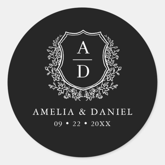 Zwart Wit Crest Modern Monogram Huwelijk Ronde Sticker (Voorkant)