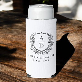 Zwart Wit Crest Modern Monogram Huwelijk Seltzer Blikjeskoeler