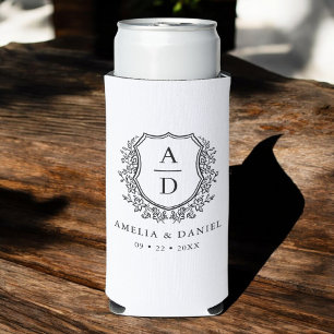 Zwart Wit Crest Modern Monogram Huwelijk Seltzer Blikjeskoeler