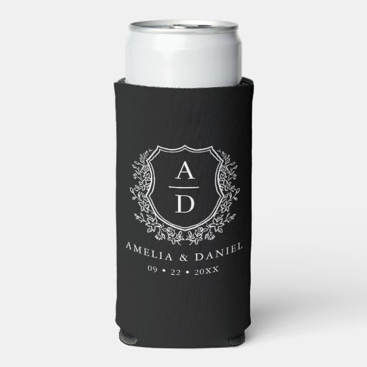 Zwart Wit Crest Modern Monogram Huwelijk Seltzer Blikjeskoeler (Seltzer Voorkant)