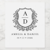Zwart Wit Crest Modern Monogram Huwelijk Wijn Etiket (Enkel label)