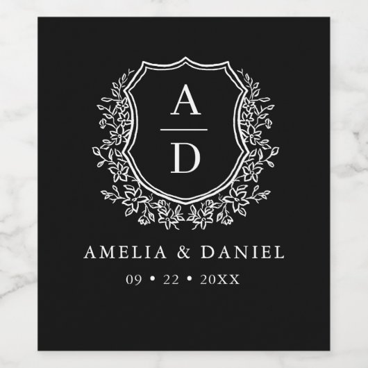 Zwart Wit Crest Modern Monogram Huwelijk Wijn Etiket (Enkel label)