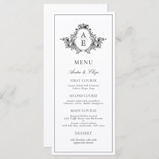 Zwart-wit Crest Monogram Aangepast Trouwmenu Menu (Voorkant / Achterkant)