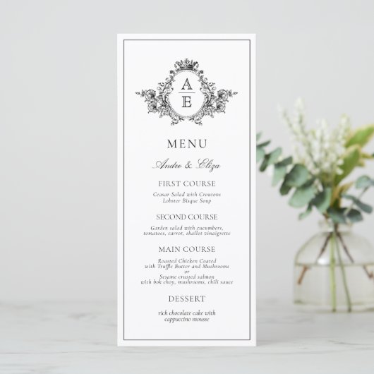Zwart-wit Crest Monogram Aangepast Trouwmenu Menu (Staand voorkant)
