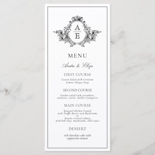 Zwart-wit Crest Monogram Aangepast Trouwmenu Menu (Voorkant)