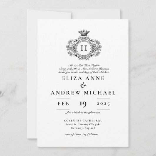  zwart-wit crest monogram bruiloft kaart (Voorkant)