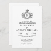  zwart-wit crest monogram bruiloft kaart (Voorkant / Achterkant)