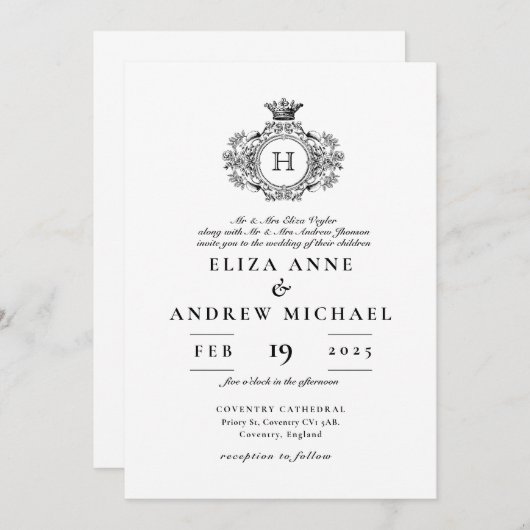 zwart-wit crest monogram bruiloft kaart (Voorkant / Achterkant)