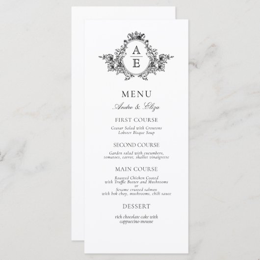  zwart-wit crest monogram bruiloft menu (Voorkant / Achterkant)
