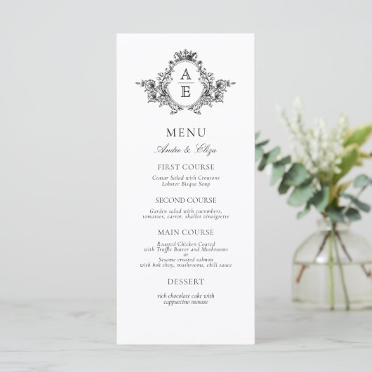 zwart-wit crest monogram bruiloft menu (Staand voorkant)