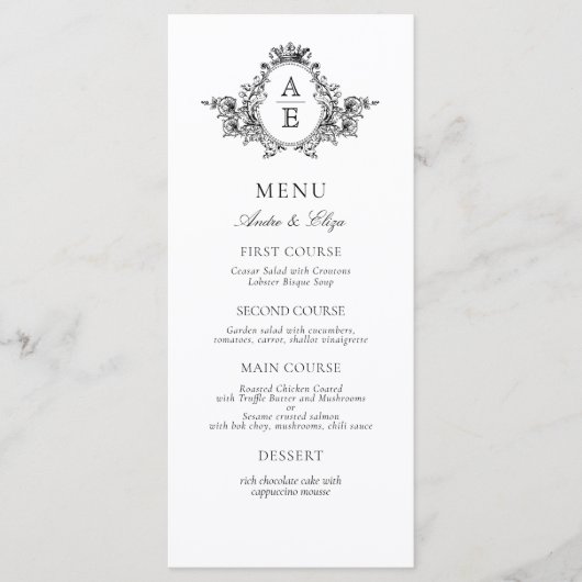  zwart-wit crest monogram bruiloft menu (Voorkant)