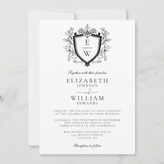 Zwart-wit Crest Monogram QR Code Huwelijk Kaart (Voorkant)