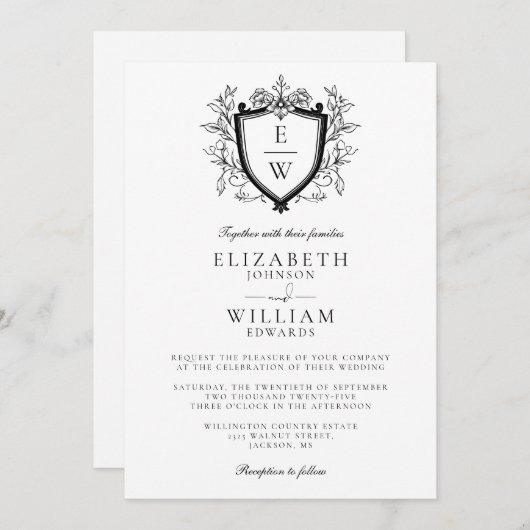Zwart-wit Crest Monogram QR Code Huwelijk Kaart (Voorkant / Achterkant)
