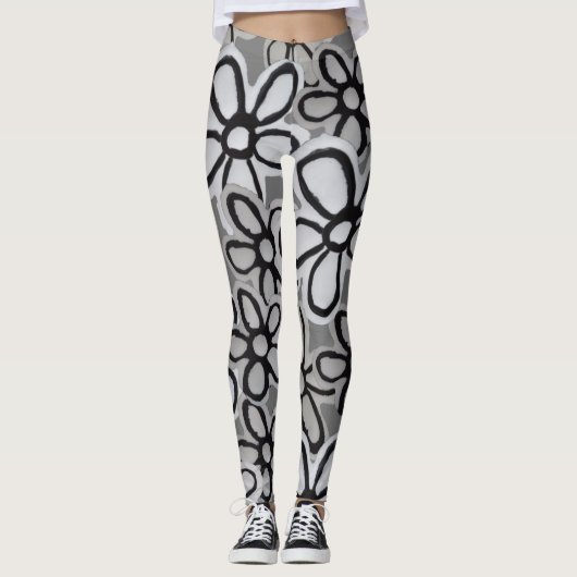 zwart-wit Daisies patroon Leggings (Voorkant)