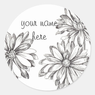 Zwart Wit Daisy Flower Aangepaste naam Ronde Sticker
