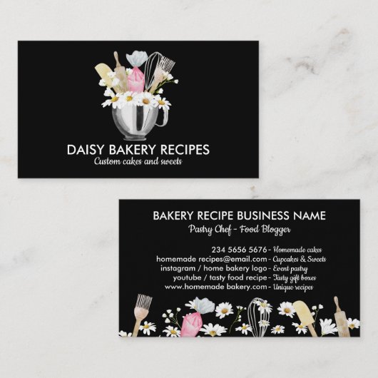 Zwart Wit Daisy Flowers Bakkerij Tools Design Visitekaartje (Voorkant / Achterkant)
