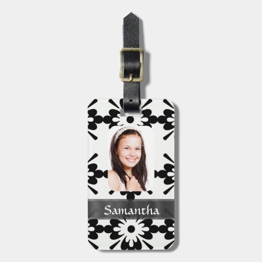 Zwart-wit daisy patroon bagagelabel (Voorkant verticaal)