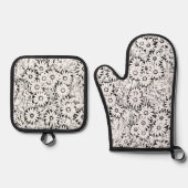 Zwart-wit Daisy Patroon Handdoek Ovenwant & Pannenlap Set (Voorkant)