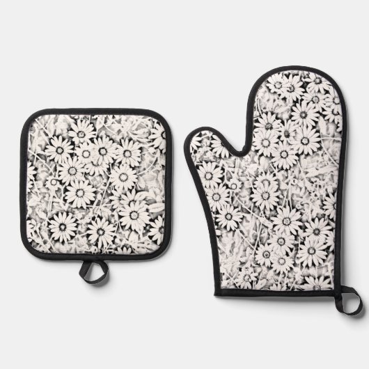 Zwart-wit Daisy Patroon Handdoek Ovenwant & Pannenlap Set (Voorkant)