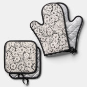 Zwart-wit Daisy Patroon Handdoek Ovenwant & Pannenlap Set (Voorkant / Achterkant)