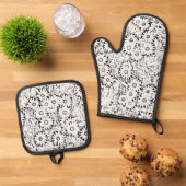 Zwart-wit Daisy Patroon Handdoek Ovenwant & Pannenlap Set (Top down)