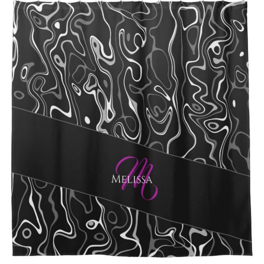 Zwart wit damascus abstract patroon Monogram Douchegordijn (Voorkant)