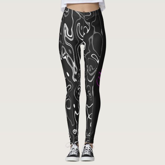 Zwart wit damascus abstract patroon Monogram Leggings (Voorkant)