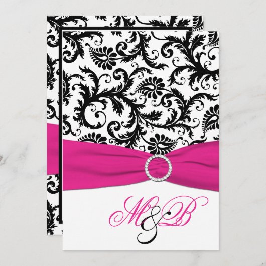 Zwart-wit Damascus met Fuchsia Faux Ribbon Kaart (Voorkant / Achterkant)