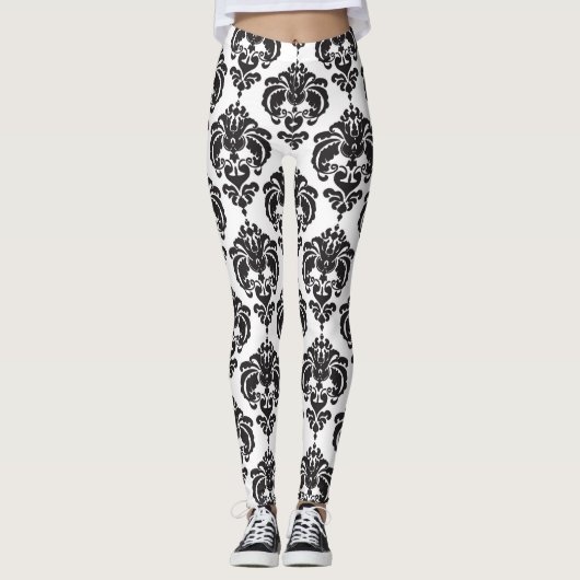 Zwart-wit Damascus - modern elegant patroon Leggings (Voorkant)