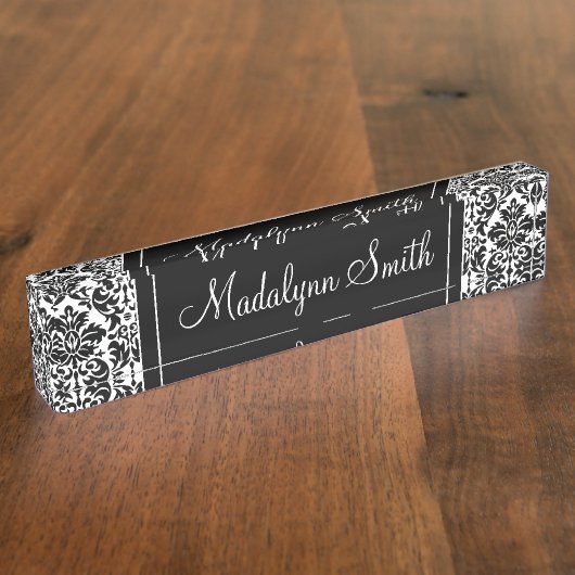 Zwart-wit Damaserpatroon met scriptnaam Naambordje (Zijkant)