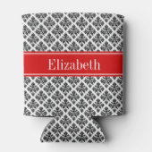  zwart-wit Damask #3 Rode naam Monogram Blikjeskoeler (Achterkant)