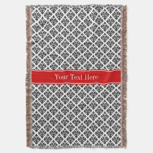  zwart-wit Damask #3 Rode naam Monogram Deken (Voorkant Verticaal)