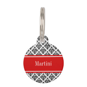 zwart-wit Damask #3 Rode naam Monogram Huisdierpenning