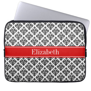  zwart-wit Damask #3 Rode naam Monogram Laptop Sleeve