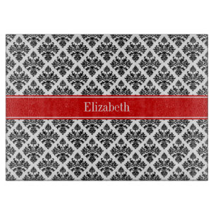 zwart-wit Damask #3 Rode naam Monogram Snijplank