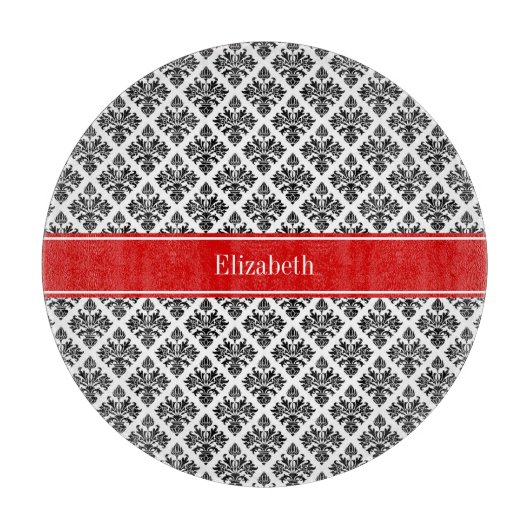zwart-wit Damask #3 Rode naam Monogram Snijplank (Voorkant)