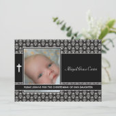 Zwart Wit Damask Baby Meisje Foto Doop Kaart (Staand voorkant)