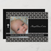 Zwart Wit Damask Baby Meisje Foto Doop Kaart (Voorkant / Achterkant)