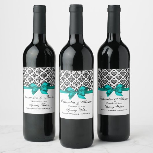  zwart Wit Damask Blauwgroen H Wine Fles Etiket (Flessen)