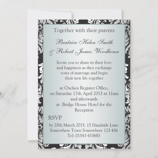 Zwart wit Damask blauwgroen, Monogrammen bruiloft Kaart (Achterkant)